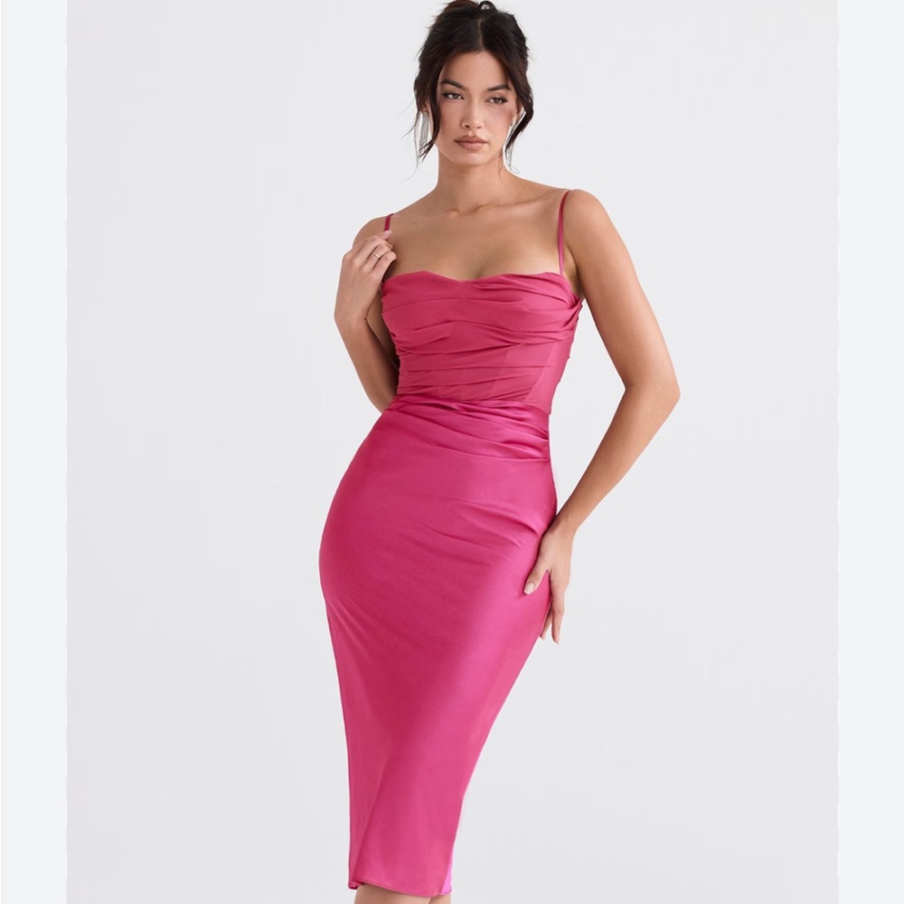 House of CB Teia Hot Pink Draped Corset Midi Dress Gown XS NWT